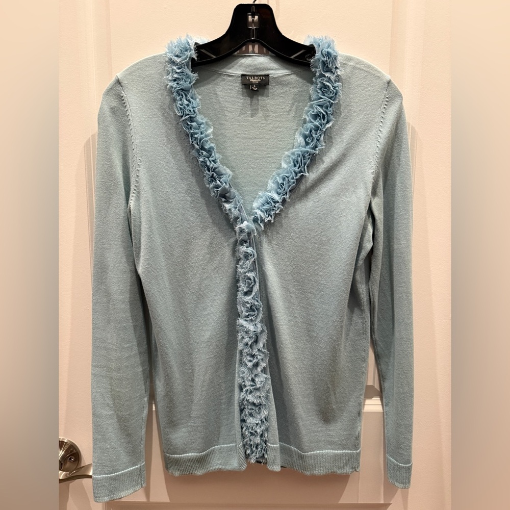 Talbots V-Neck Light Blue Cardigan Sweater w/ Ruffle Front Detailing
